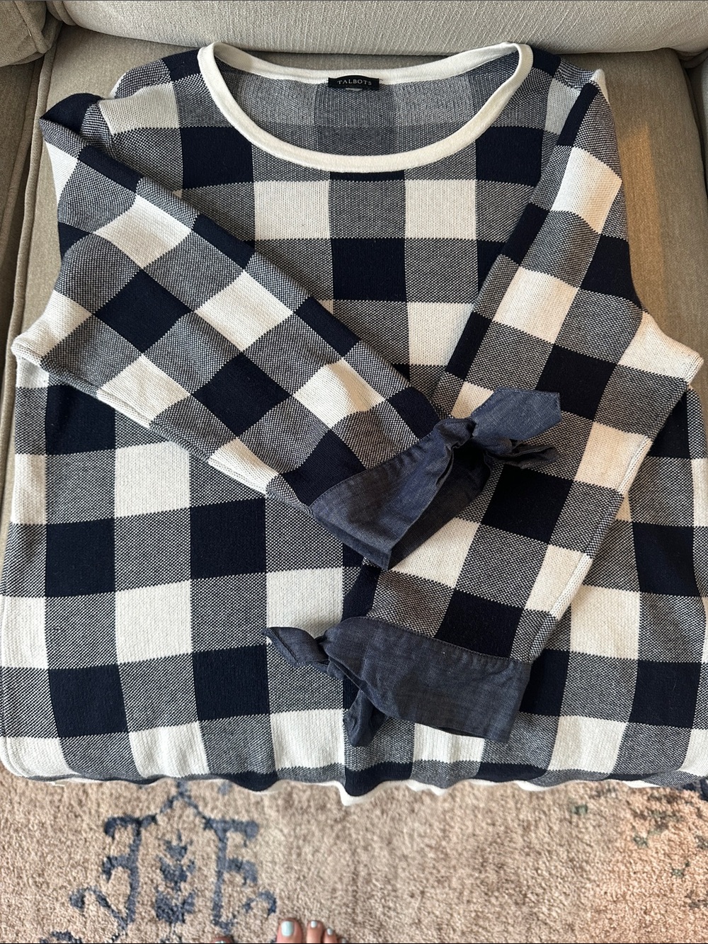 Talbots Navy and White Buffalo Check Crewneck Sweater
